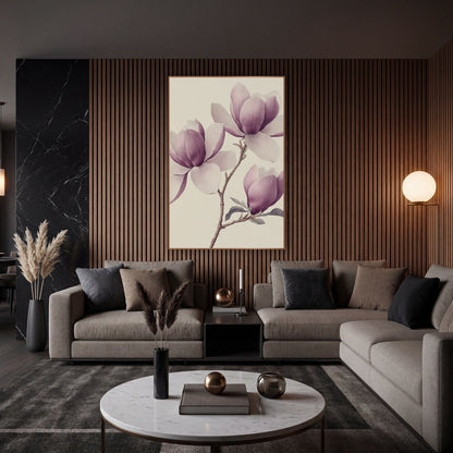 Trio Magnolia Blooms Soft Botanical wall art in an elegant modern room – vintage botanical drawing of a magnolia