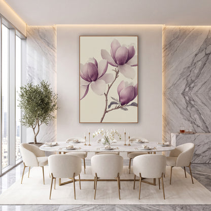 Trio Magnolia Blooms Soft Botanical wall art in an elegant modern room – vintage botanical drawing of a magnolia