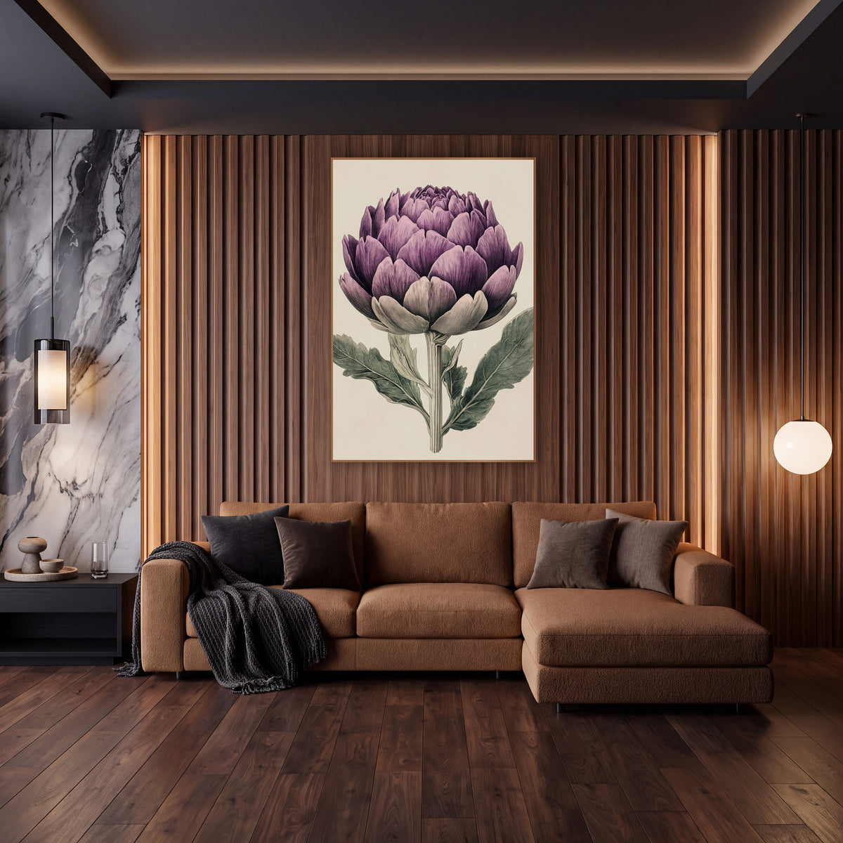 Plum Artichoke Engraving Vintage wall art in an elegant modern room – vintage botanical illustration of a purple