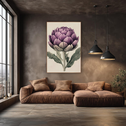 Plum Artichoke Engraving Vintage wall art in an elegant modern room – vintage botanical illustration of a purple
