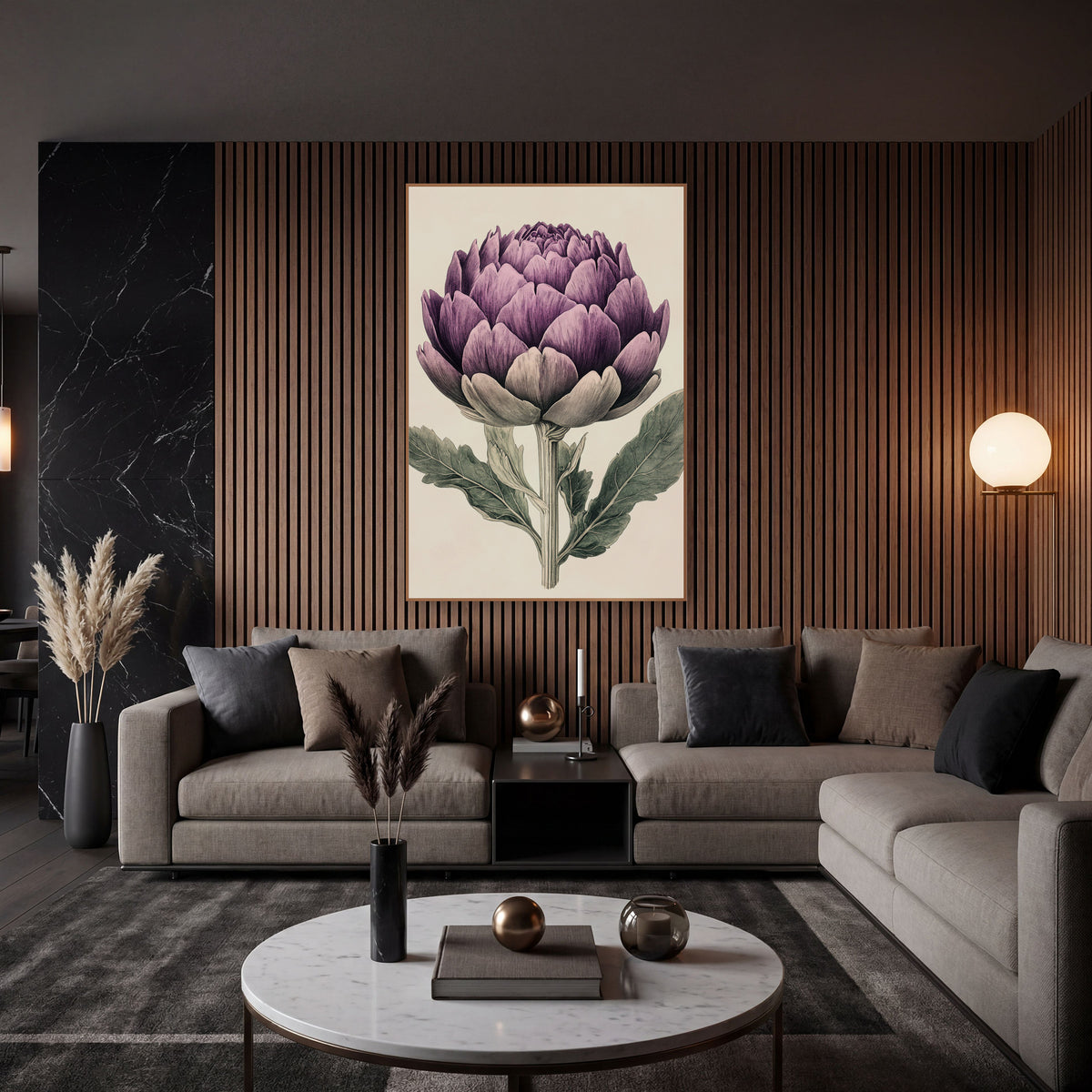 Plum Artichoke Engraving Vintage wall art in an elegant modern room – vintage botanical illustration of a purple