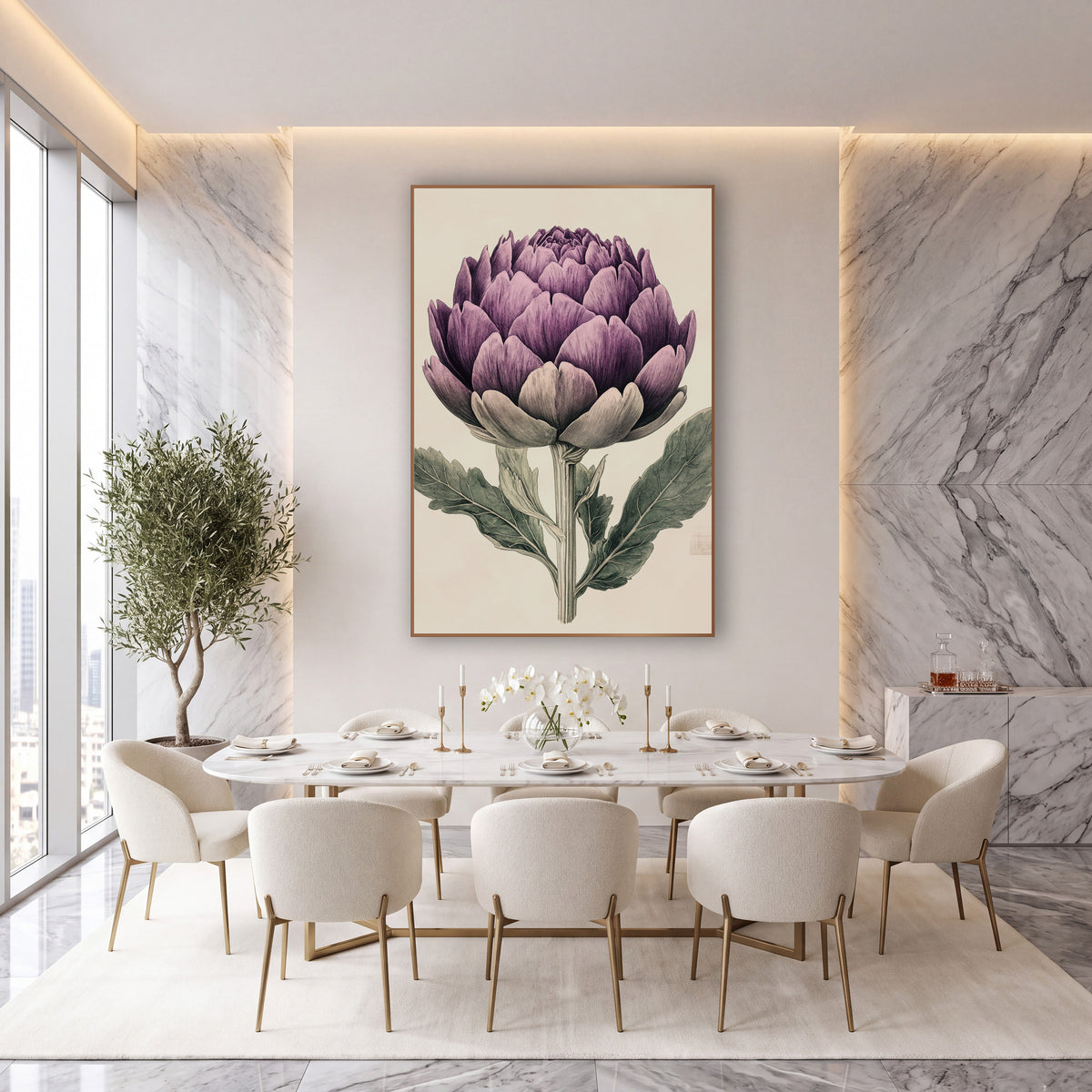 Plum Artichoke Engraving Vintage wall art in an elegant modern room – vintage botanical illustration of a purple