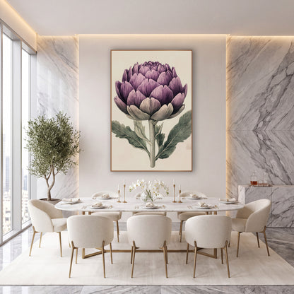 Plum Artichoke Engraving Vintage wall art in an elegant modern room – vintage botanical illustration of a purple