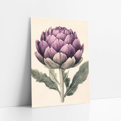 Plum Artichoke Engraving Vintage art print leaning against a white wall – vintage botanical illustration of a purple