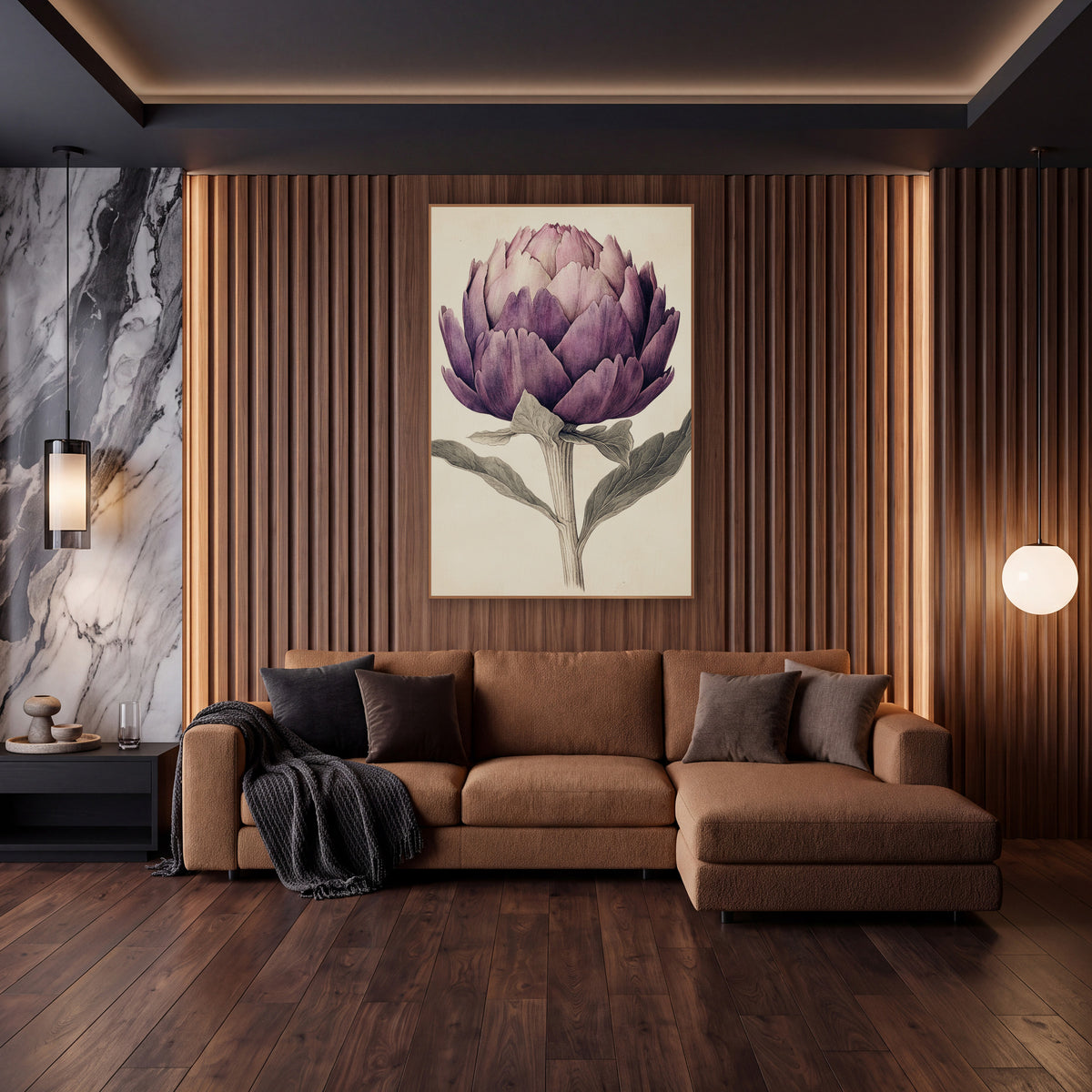 Blushed Artichoke Watercolor Antique wall art in an elegant modern room – vintage botanical illustration of a purple