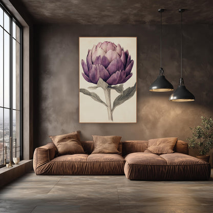 Blushed Artichoke Watercolor Antique wall art in an elegant modern room – vintage botanical illustration of a purple