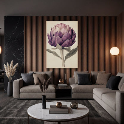 Blushed Artichoke Watercolor Antique wall art in an elegant modern room – vintage botanical illustration of a purple