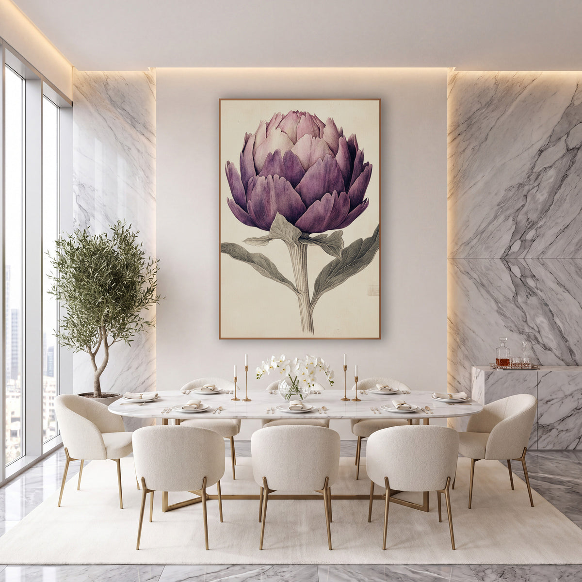 Blushed Artichoke Watercolor Antique wall art in an elegant modern room – vintage botanical illustration of a purple