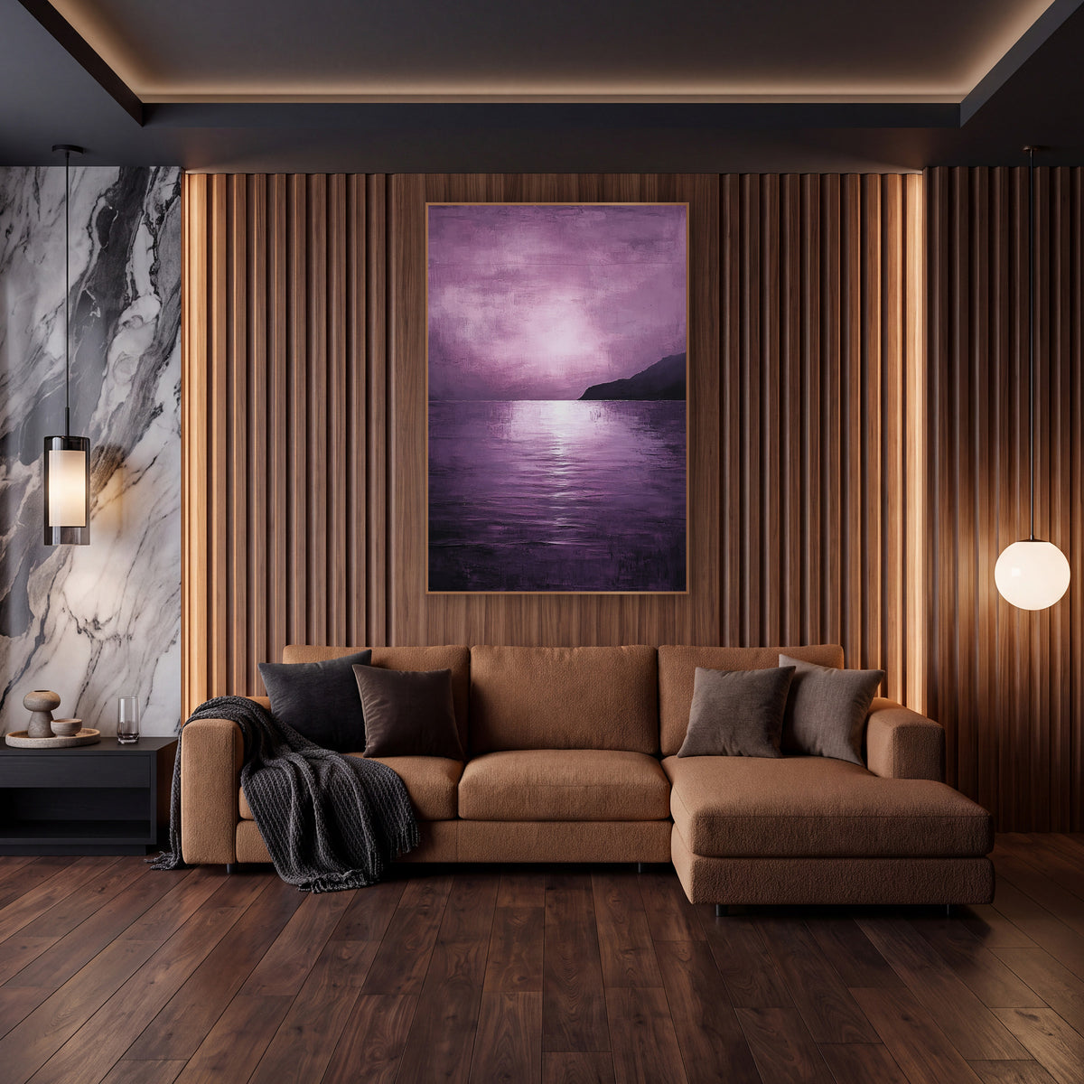Violet Haze Coastal Seascape Abstract wall art in an elegant modern room – violet seascape with a glowing pink-lilac