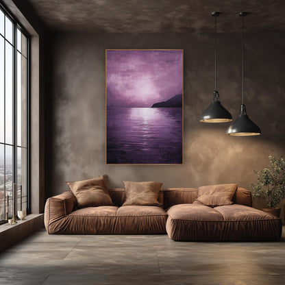 Violet Haze Coastal Seascape Abstract wall art in an elegant modern room – violet seascape with a glowing pink-lilac
