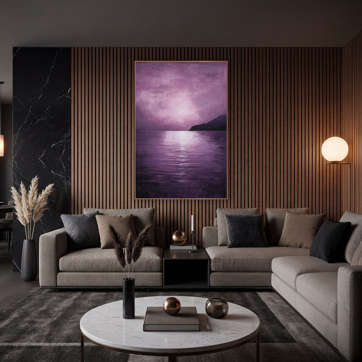 Violet Haze Coastal Seascape Abstract wall art in an elegant modern room – violet seascape with a glowing pink-lilac