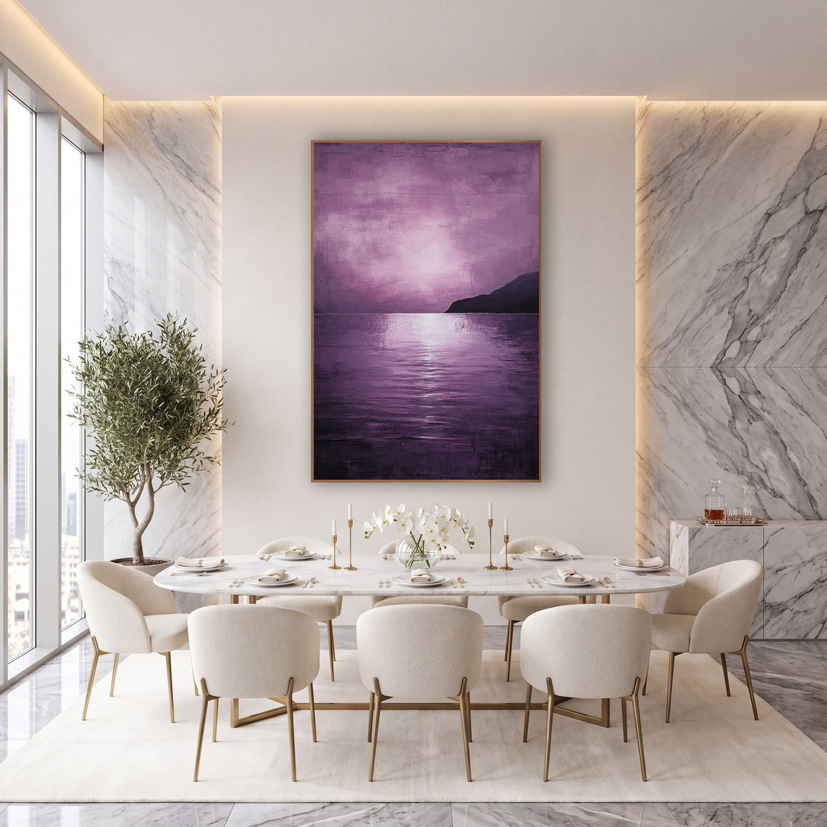 Violet Haze Coastal Seascape Abstract wall art in an elegant modern room – violet seascape with a glowing pink-lilac
