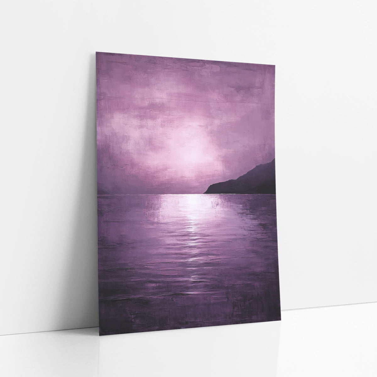 Violet Haze Coastal Seascape Abstract art print leaning against a white wall – violet seascape with a glowing pink-lilac sky