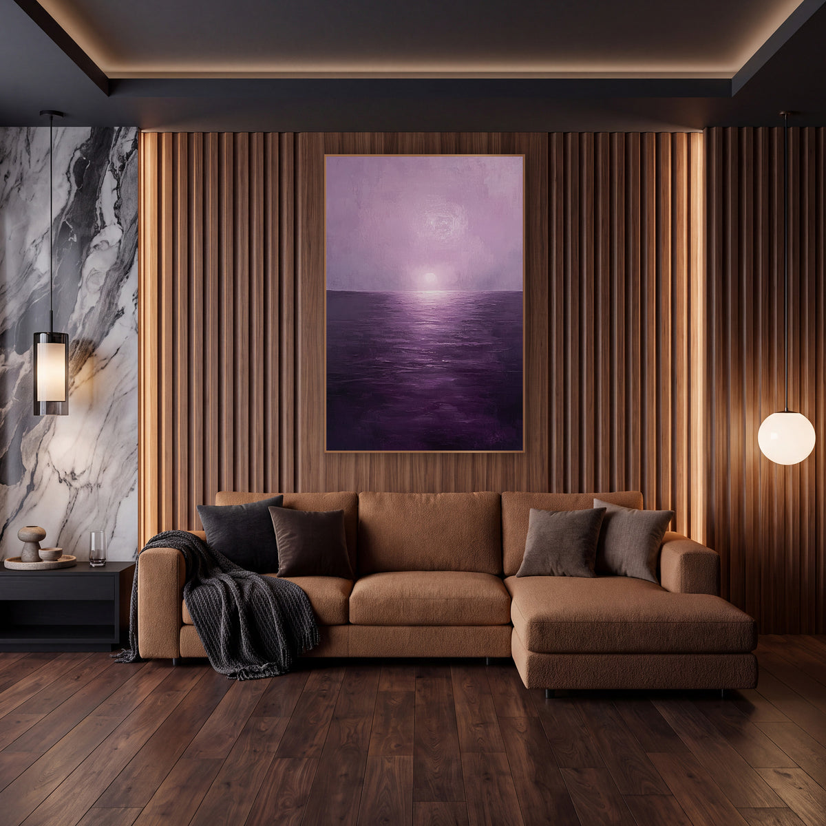 Violet Haze Seascape Minimalist wall art in an elegant modern room – seascape with a pale sun in lilac haze above
