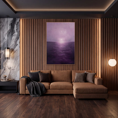 Violet Haze Seascape Minimalist wall art in an elegant modern room – seascape with a pale sun in lilac haze above