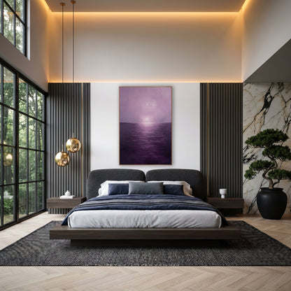 Violet Haze Seascape Minimalist wall art in an elegant modern room – seascape with a pale sun in lilac haze above