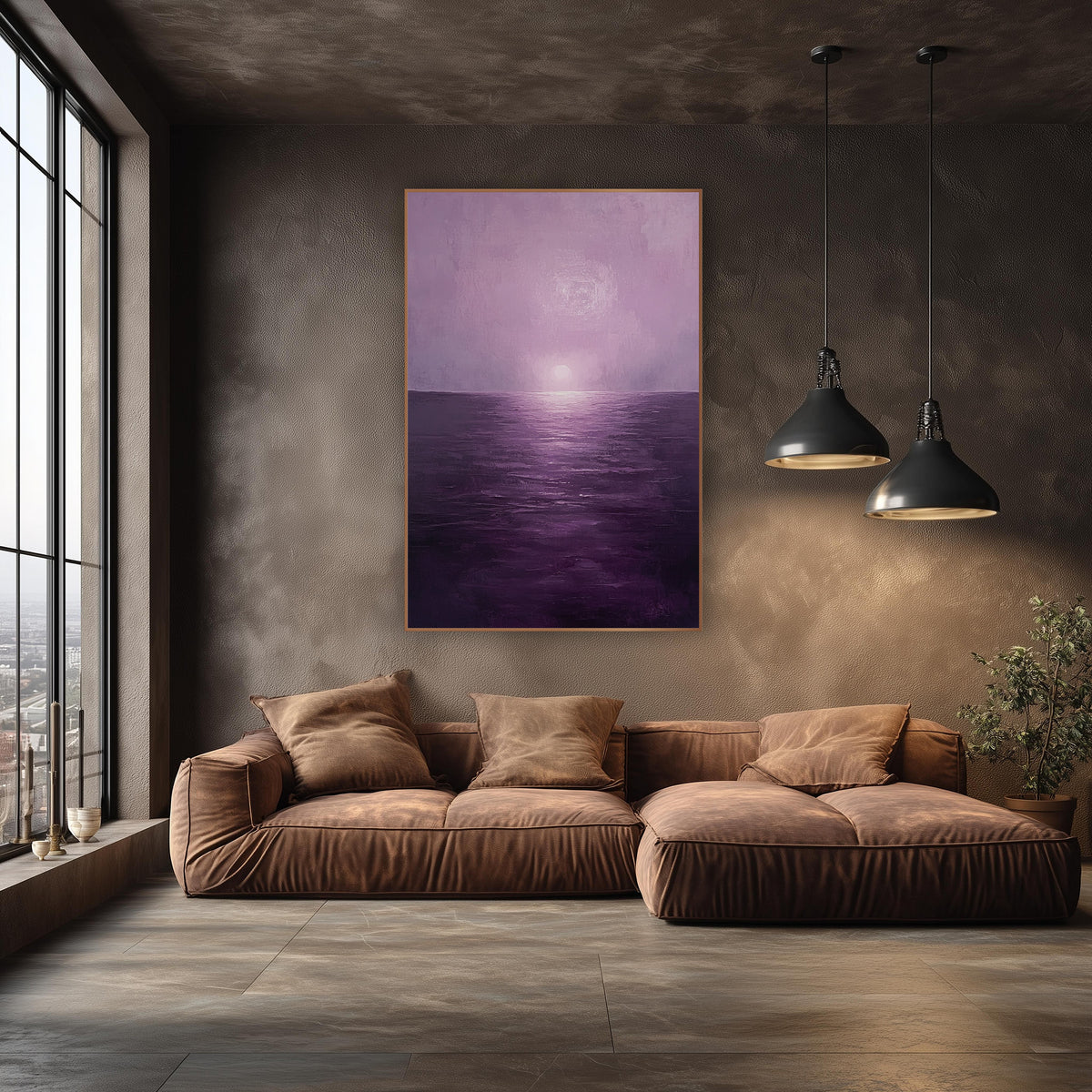 Violet Haze Seascape Minimalist wall art in an elegant modern room – seascape with a pale sun in lilac haze above