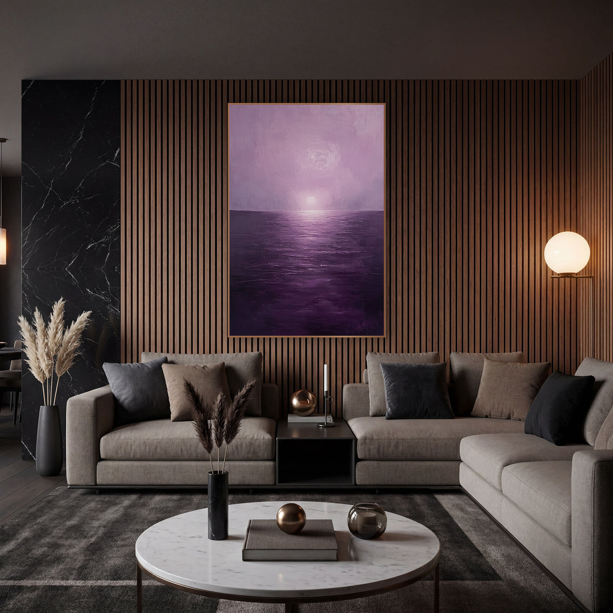 Violet Haze Seascape Minimalist wall art in an elegant modern room – seascape with a pale sun in lilac haze above