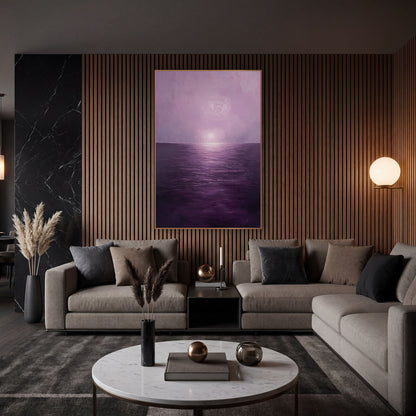 Violet Haze Seascape Minimalist wall art in an elegant modern room – seascape with a pale sun in lilac haze above