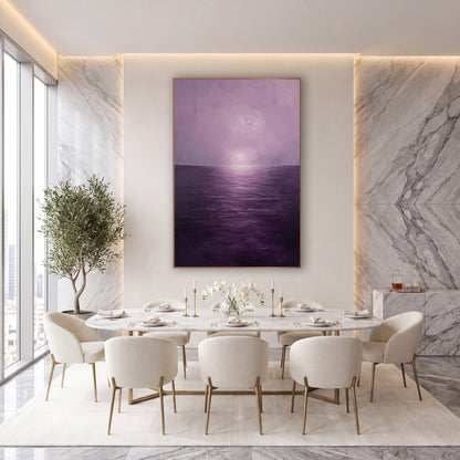Violet Haze Seascape Minimalist wall art in an elegant modern room – seascape with a pale sun in lilac haze above
