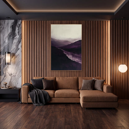 Plum Mountain Valley River Landscape wall art in an elegant modern room – misty mountain valley in deep plum and cream