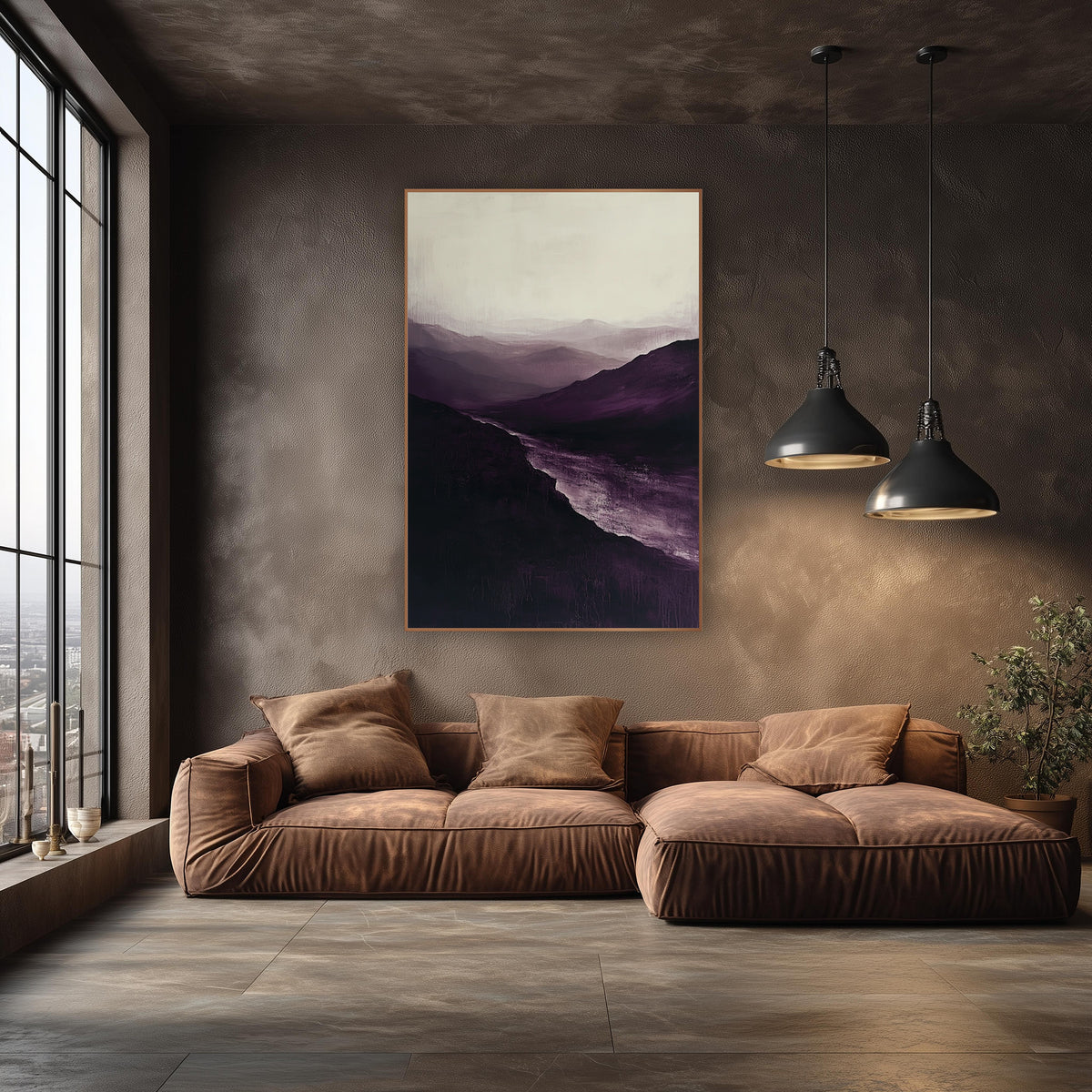 Plum Mountain Valley River Landscape wall art in an elegant modern room – misty mountain valley in deep plum and cream