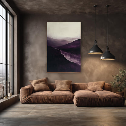 Plum Mountain Valley River Landscape wall art in an elegant modern room – misty mountain valley in deep plum and cream
