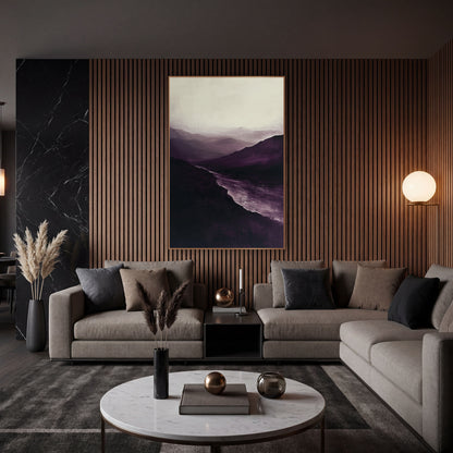 Plum Mountain Valley River Landscape wall art in an elegant modern room – misty mountain valley in deep plum and cream