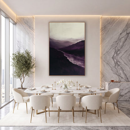 Plum Mountain Valley River Landscape wall art in an elegant modern room – misty mountain valley in deep plum and cream