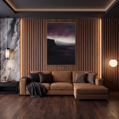 Plum Cliff Moody Landscape Abstract wall art in an elegant modern room – dark cliff over still water with gray hills