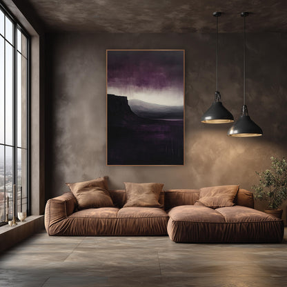 Plum Cliff Moody Landscape Abstract wall art in an elegant modern room – dark cliff over still water with gray hills