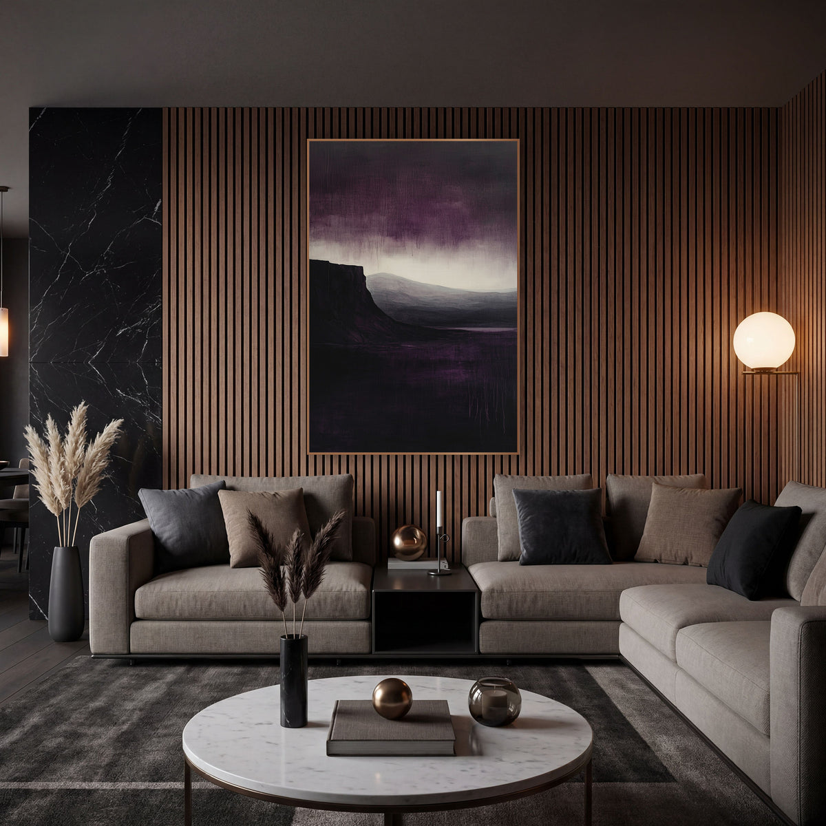 Plum Cliff Moody Landscape Abstract wall art in an elegant modern room – dark cliff over still water with gray hills