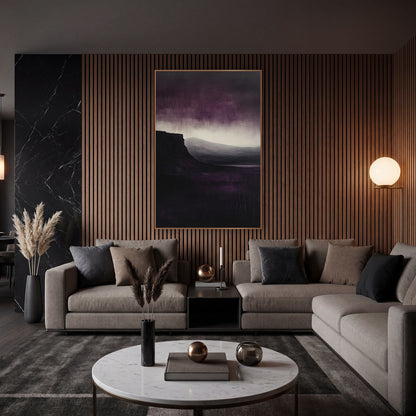 Plum Cliff Moody Landscape Abstract wall art in an elegant modern room – dark cliff over still water with gray hills