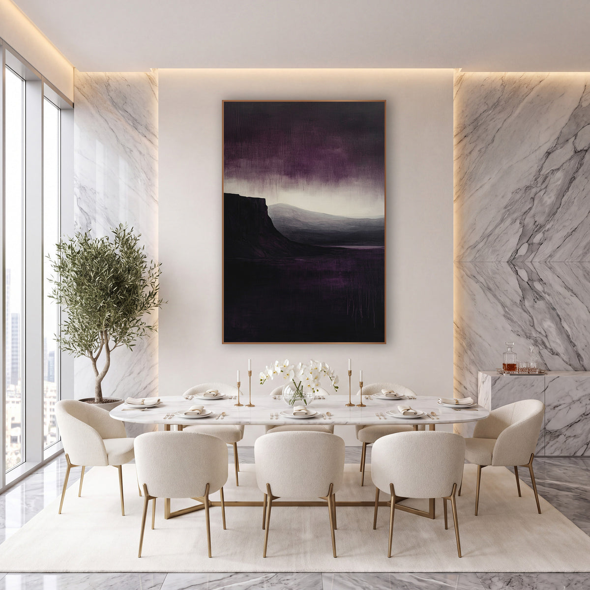 Plum Cliff Moody Landscape Abstract wall art in an elegant modern room – dark cliff over still water with gray hills