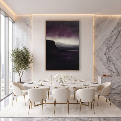 Plum Cliff Moody Landscape Abstract wall art in an elegant modern room – dark cliff over still water with gray hills