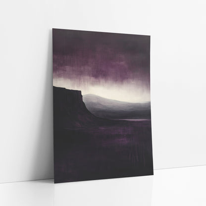 Plum Cliff Moody Landscape Abstract art print leaning against a white wall – dark cliff over still water with gray hills