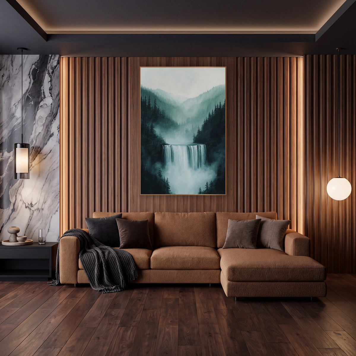 Wide Mist Falls Spruce Valley Painterly wall art in an elegant modern room – wide waterfall between dark evergreen