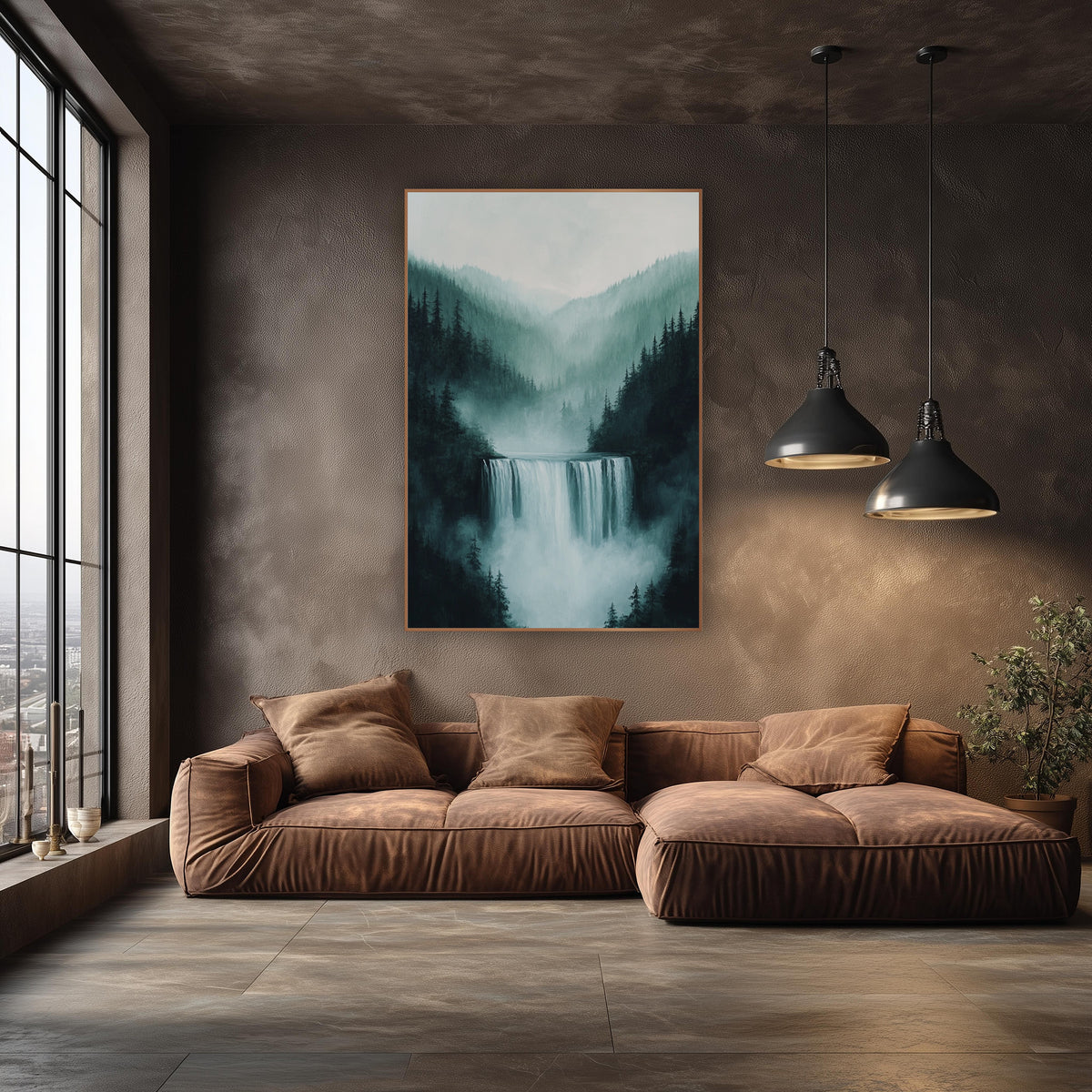Wide Mist Falls Spruce Valley Painterly wall art in an elegant modern room – wide waterfall between dark evergreen