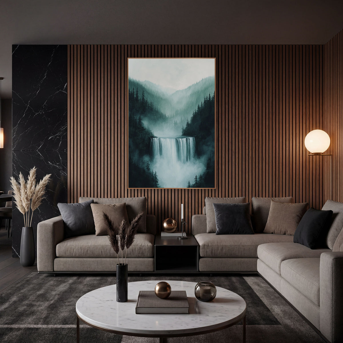 Wide Mist Falls Spruce Valley Painterly wall art in an elegant modern room – wide waterfall between dark evergreen
