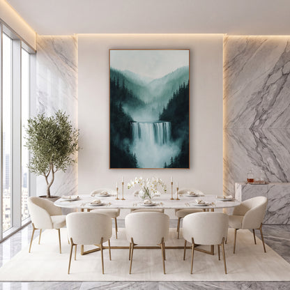 Wide Mist Falls Spruce Valley Painterly wall art in an elegant modern room – wide waterfall between dark evergreen