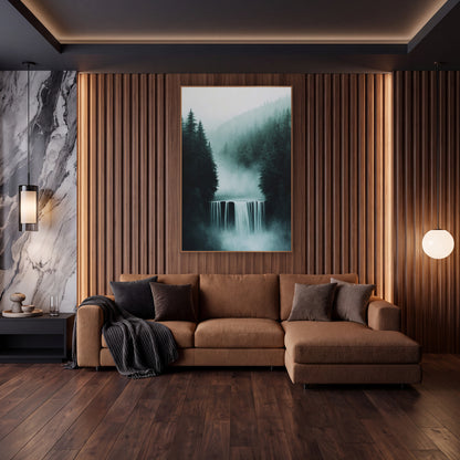 Misty Waterfall Evergreen Forest Moody wall art in an elegant modern room – wide waterfall between dark evergreen