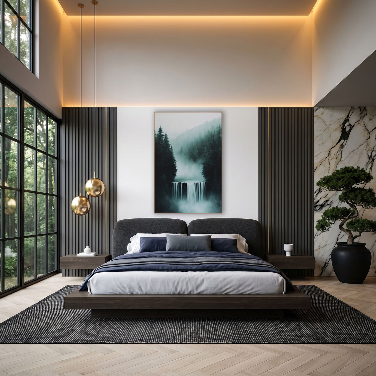 Misty Waterfall Evergreen Forest Moody wall art in an elegant modern room – wide waterfall between dark evergreen