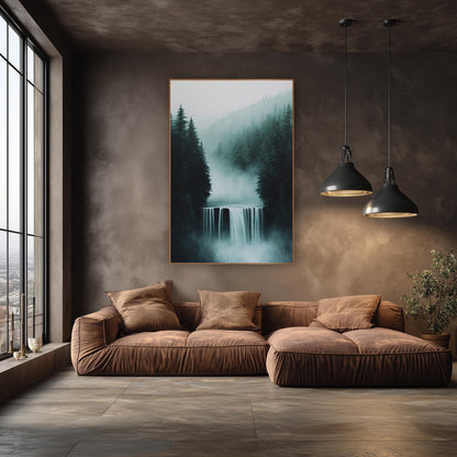 Misty Waterfall Evergreen Forest Moody wall art in an elegant modern room – wide waterfall between dark evergreen