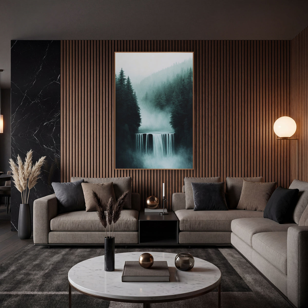 Misty Waterfall Evergreen Forest Moody wall art in an elegant modern room – wide waterfall between dark evergreen