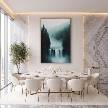 Misty Waterfall Evergreen Forest Moody wall art in an elegant modern room – wide waterfall between dark evergreen
