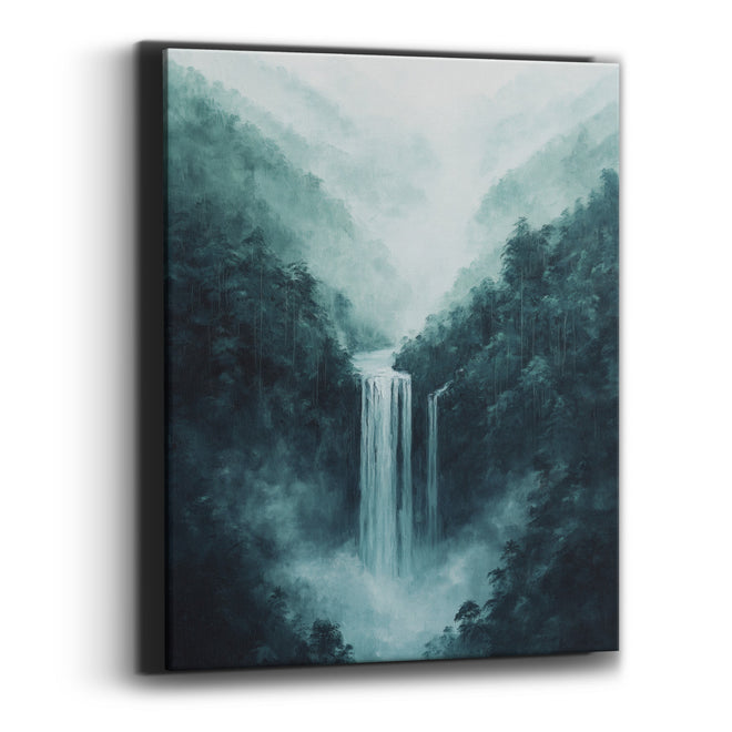 Misty Teal Waterfall Landscape Canvas Wall Art