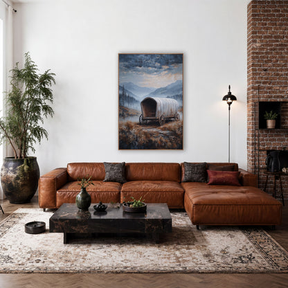 Pale Wagon Foggy Meadow wall art in a rustic western-style room – weathered covered wagon on a stone path in a misty