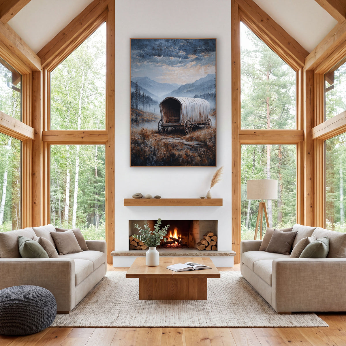 Pale Wagon Foggy Meadow wall art in a rustic western-style room – weathered covered wagon on a stone path in a misty