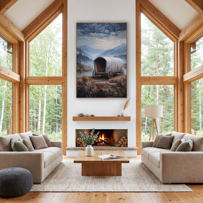 Pale Wagon Foggy Meadow wall art in a rustic western-style room – weathered covered wagon on a stone path in a misty
