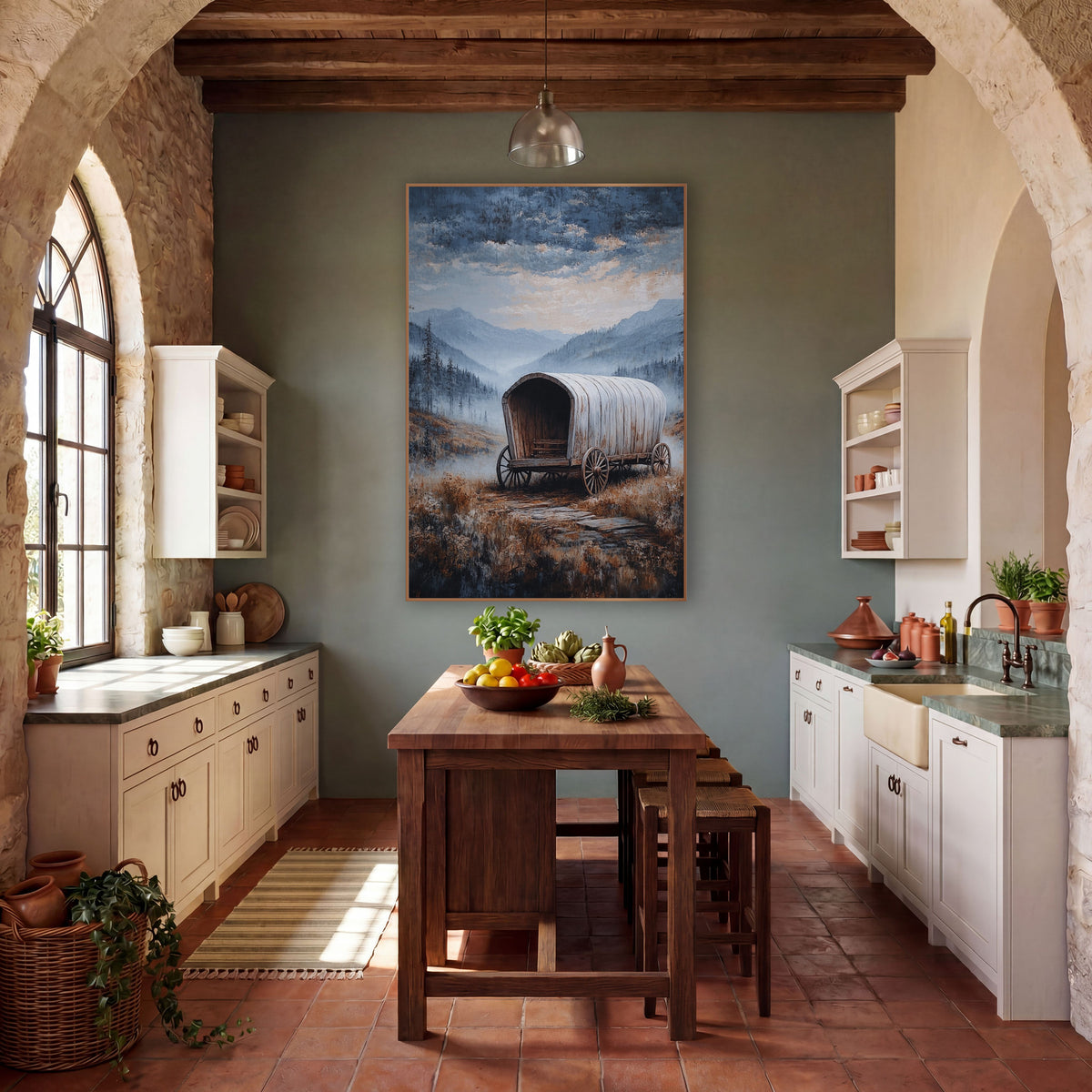 Pale Wagon Foggy Meadow wall art in a rustic western-style room – weathered covered wagon on a stone path in a misty